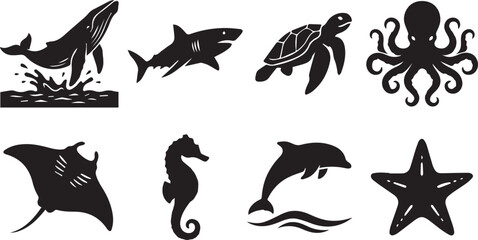Collection of marine life black silhouette icons featuring whale shark sea turtle octopus stingray dolphin and starfish animals © MstNajma