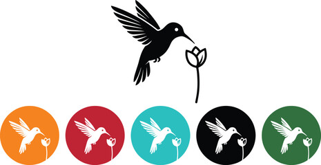 Hummingbird silhouette icon set feeding on flower nectar for nature wildlife and brand logo design © Ariful
