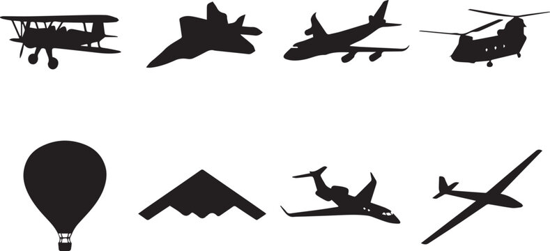 Aviation and aircraft vector silhouette set featuring biplane fighter jet commercial airliner helicopter stealth bomber and glider icons