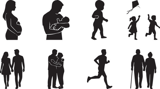 Human life cycle silhouette set featuring pregnancy newborn childhood marriage adulthood active lifestyle and elderly retirement vector icons