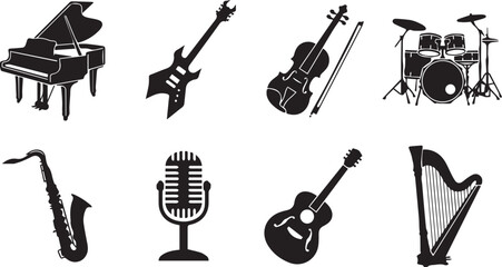 Musical instruments icon set featuring grand piano electric guitar violin drums saxophone vintage microphone acoustic guitar and harp silhouettes © MstNajma