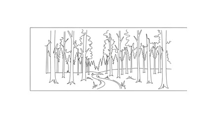 Obraz premium Winding Forest Path Through Tall Trees, Nature Landscape Illustration