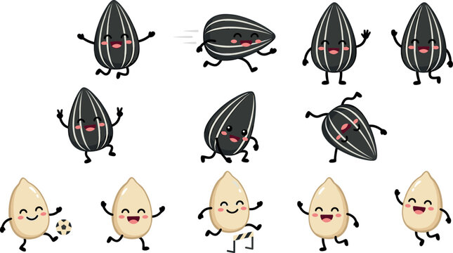 Cute Cartoon Sunflower Seed Character Vector Set Featuring Kawaii Active Peeled Kernels and Whole Seeds for Healthy Snack Food Packaging Designs