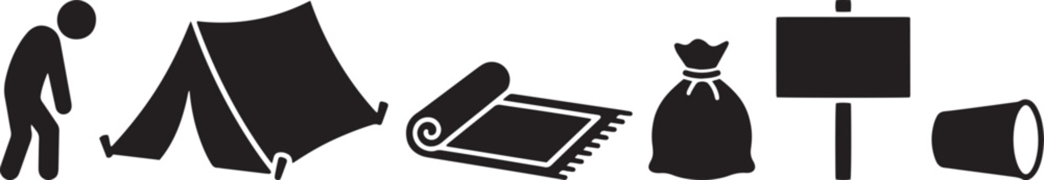 Camping equipment including a person, tent, sleeping bag, sack, sign, and cup are arranged as black icons representing outdoor recreation and adventure tourism activities for travelers.