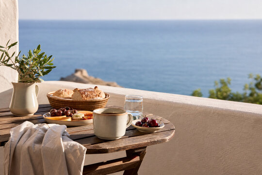 Mediterranean breakfast on a sunny terrace with sea view