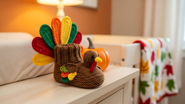 Handmade Knitted Baby Shoe Shaped Like a Festive Turkey Resting in a Soft Nursery Setting Perfect for Thanksgiving Holiday Celebration and Autumn Infant Fashion Wear