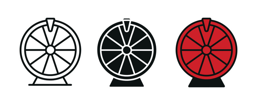 Lucky wheel prize draw icon set, interactive gaming spinner symbols for random selection, giveaway, contest and reward game vector illustration.