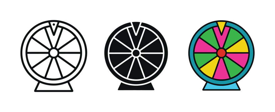 Lucky wheel prize draw icon set, interactive gaming spinner symbols for random selection, giveaway, contest and reward game vector illustration.