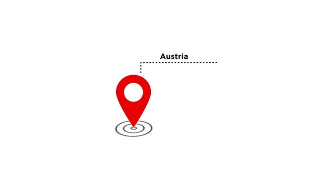 Red color, location marker of Austria,animation on white black background.Abstract Austria location,gps location,map,location pin icon animation.