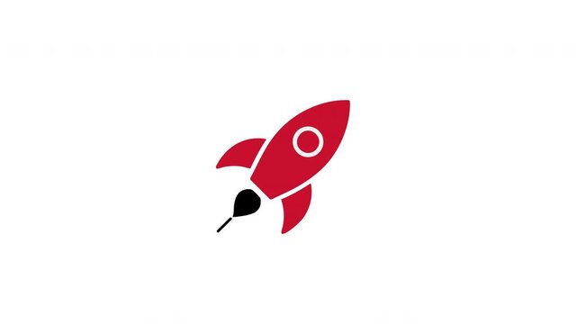 Red rocket ship animation flying upwards on white 4k