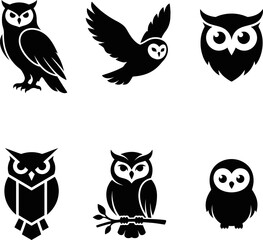 Fototapeta premium Collection of six owl silhouettes in various poses on white background
