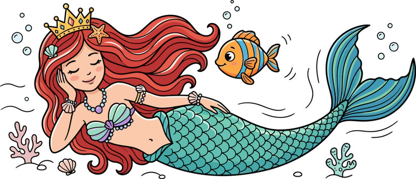 Mermaid princess with red hair and golden crown underwater princess underwater
