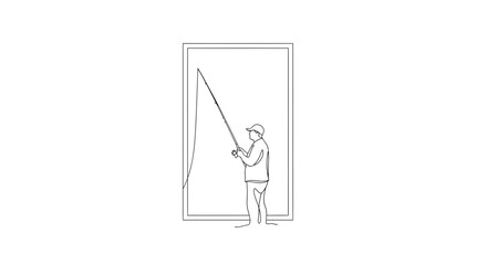 Fototapeta premium Fisherman with Rod in Frame, Minimalist Line Art