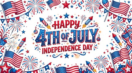 Obraz premium Festive 4th of july independence day illustration with fireworks and american flags