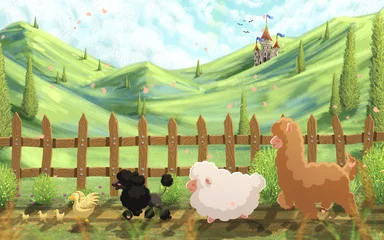 Fotobehang Boerderij Cartoon Farm Animal Pastoral Scene Illustration  © Double Tree