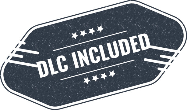Dark blue grunge vintage style sticker with dlc included text and decorative stars and lines