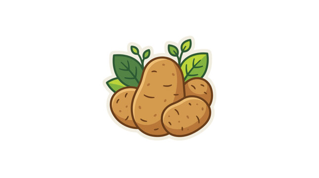 Fresh cartoon style potatoes with green leaves isolated on white