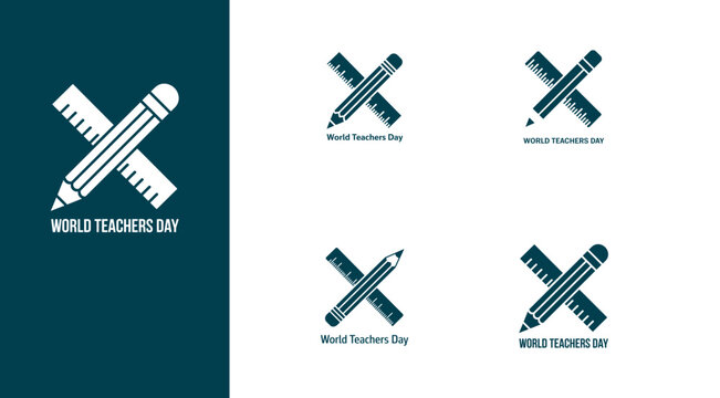 Set of teachers day featuring crossed pencils and rulers in dark teal color on a black background, representing education, school supplies, and learning