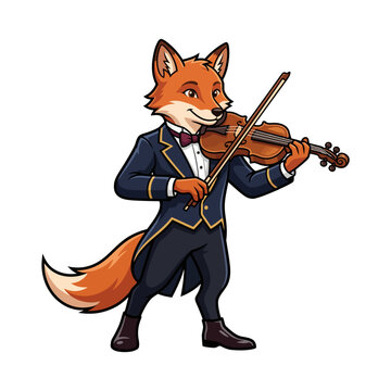 Cartoon fox in tuxedo playing violin music instrument