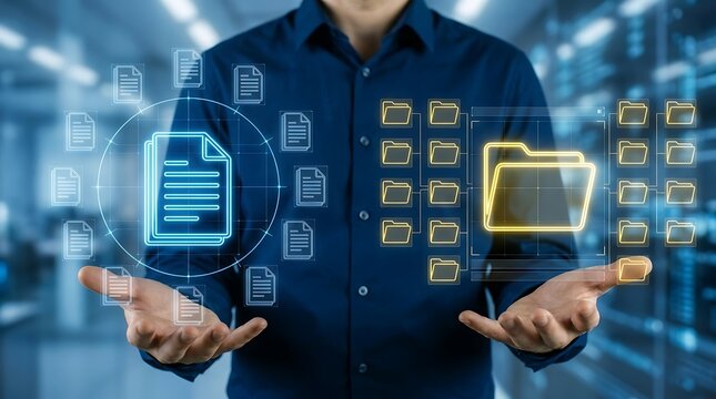 Business file storage technology platform displaying digital documents and folder categories in enterprise information systems