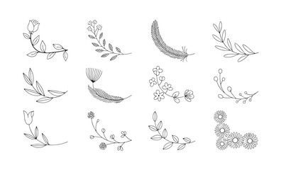 Fototapeta premium Botanical Corner Decoration and Flourish Outline Vector Set Fine Line Floral Accents for Diploma Certificate Restaurant Menu and Luxury Stationery Use