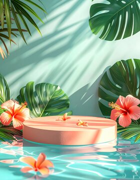 Tropical summer product display with round podium, water reflection, palm leaves, and hibiscus flowers