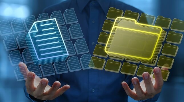 Business document storage system visualizing digital folder structures and enterprise information management platform technology