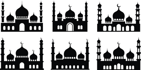 Six Black Silhouette Mosques with Domes and Minarets illustration © MdMirajul