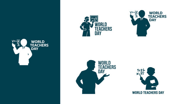 Teachers day set featuring teachers with pointers and chalkboards, dark blue symbols on a black background, for academic celebration, and school events