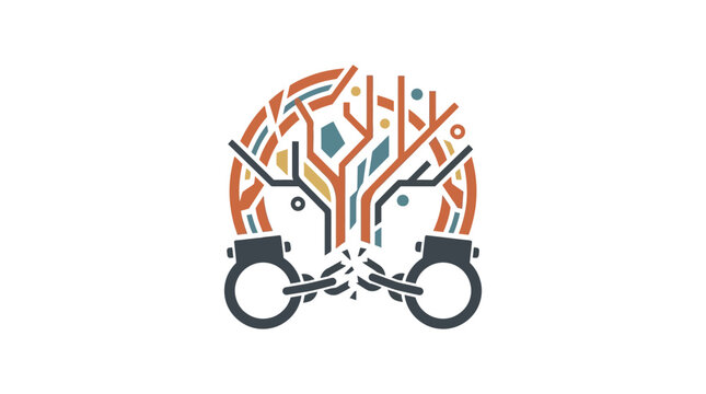 Conceptual handcuffs with digital circuit tree symbolizing cybersecurity and justice