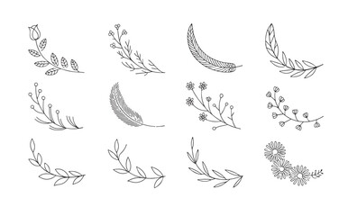 Obraz premium Curved Botanical Swag Crescent and Spray Outline Vector Set Flowing Line Art Florals for Greeting Card Invitation Page Header and Footer Layout Design