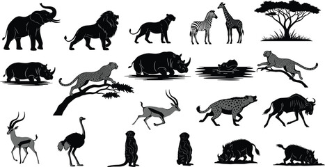 Collection of African safari animal silhouettes, including lion, elephant, giraffe, rhinoceros, and wildlife icons on white background © MdSaiful