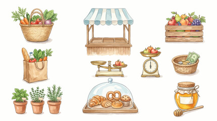 Watercolor illustrations of fresh produce, baked goods, and market stall elements for a charming farm stand. © Terra