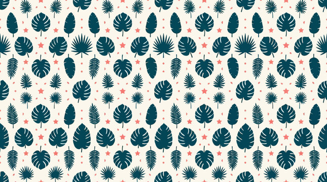 Tropical leaf pattern with navy and coral stars on beige background for modern textiles and home decor design