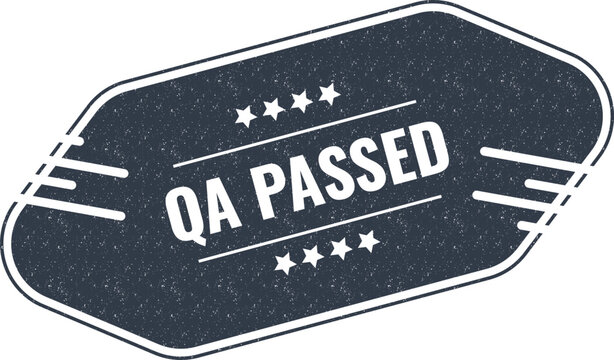 Dark blue sticker with white text stating qa passed for quality control and inspection results