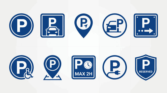 Set of Car Parking Sign Icons Featuring Blue Location Pins Handicapped Accessible EV Charging Station Clock Timer and Reserved Shield Symbols