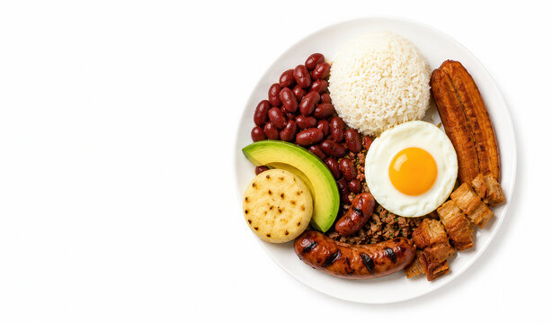 Bandeja paisa colombiana con riso, fagioli, uovo, avocado e platano. Generative AI 