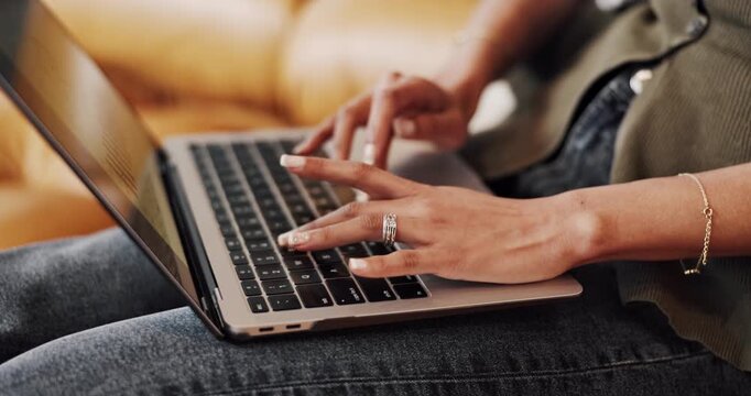 Creative, typing and hands with laptop in lounge, copywriting or freelancer with campaign on website. Home, remote work and person with project, online and email marketing with tech in living room