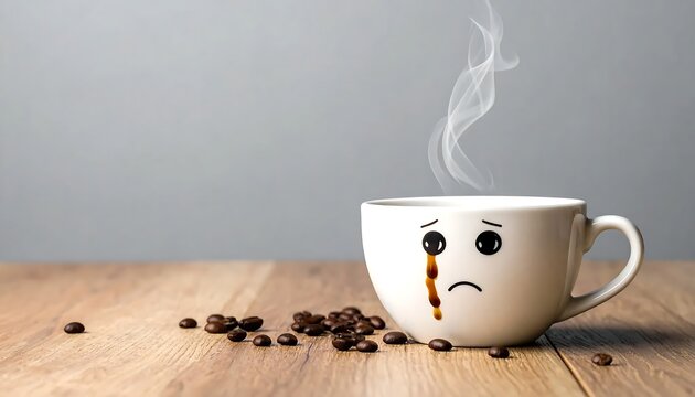 Coffee cup with steam and coffee beans on wooden table.