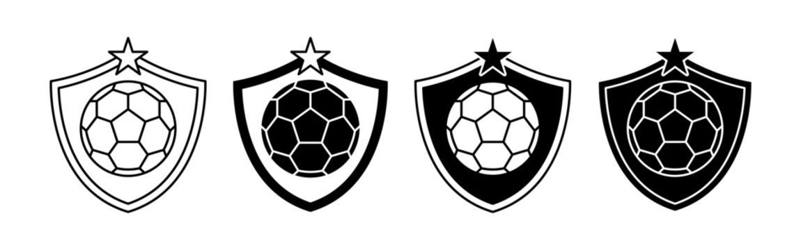 Set of Four Soccer Ball Emblems with Shield Designs for Sports Branding.