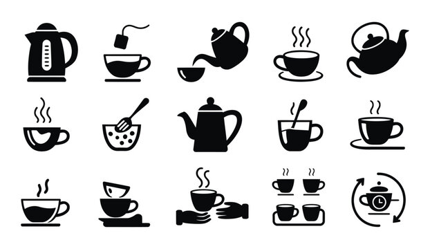 Coffee and tea brewing process icons with beverage preparation steeping symbols for cafe, kitchen, restaurant and drink making vector illustration.