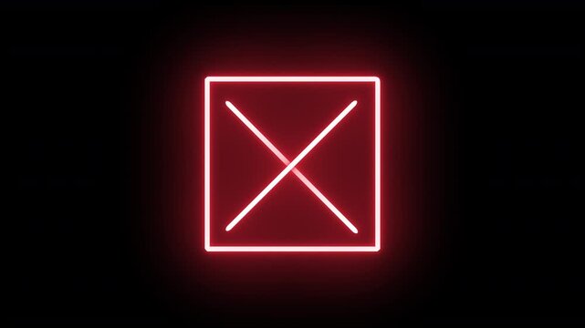 neon red cross in a box with red glowing light X shaped fluorescent tube bars withing a light square icon symbol representing incorrect, negative, wrong  or do not warnings