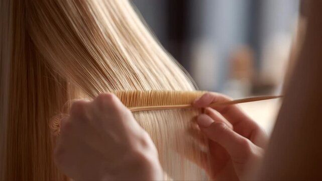 Female with long blonde hair combs her hair with a wooden comb, showcasing smooth strands and gentle movements in a softly lit indoor setting