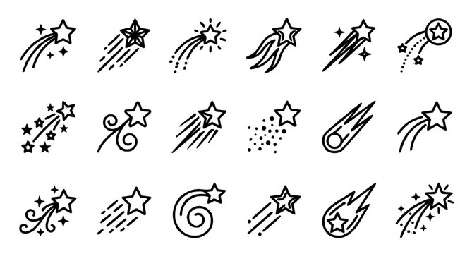 Shooting Stars and Comet Trail Icon Collection with Minimal Meteor Streaks Vector Set