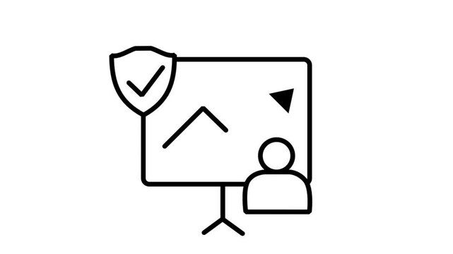 Animated line icon showing a business professional presenting financial growth trend analytics line charts protected by a secure checkmark shield.