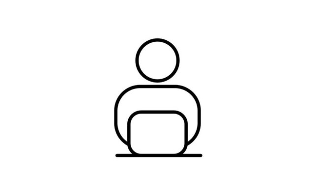 Animated line icon showing a standard user profile avatar working on a laptop computer for remote freelance workplace concepts.