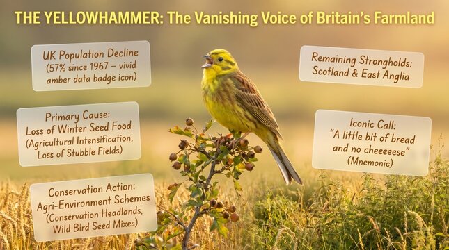 Male yellowhammer singing on farmland perch in summer, UK declining farmland bird conservation poster