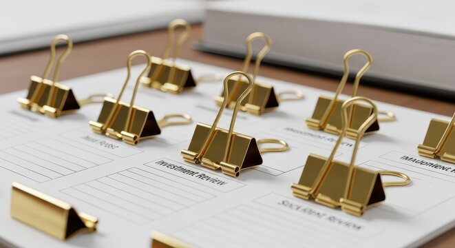 Gleaming gold binder clips neatly arranged on a document for business organization