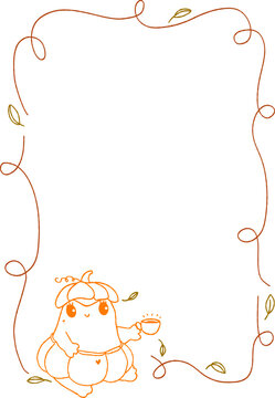 Fall Autumn Border Frame with Cute Pumpkin Character Holding a Caffee Cup