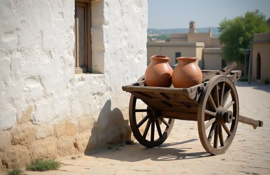 Old wooden cart with two clay pots on old street near white wall. Vintage transport holds ceramic jugs outdoor. Rural Uzbek cart with pottery.